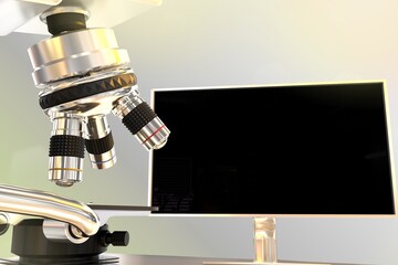 bio analysis concept, laboratory hi-tech microscope and monitor with blank space for your content with flare on gradient background - object 3D illustration