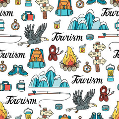 Vector seamless pattern on the theme of tourism and travel. Cartoon colorful background with camping equipment, wild birds, nature - 374614942