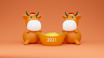 Toy cows model and Chinese gold ingots with 2021 banner.