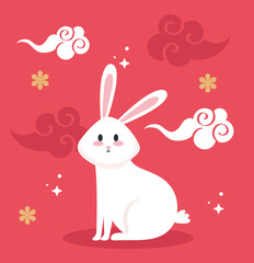 Cute white rabbit cartoon with clouds design, Animal life nature and character theme Vector illustration