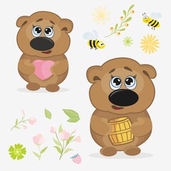 Obraz na płótnie Canvas Bear with a barrel of honey and flowers. Vector drawing of a bear cub