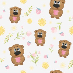 Seamless pattern with bear and heart. Vector background with a grizzly with honey and bees