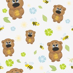 Seamless pattern of the image of a bear cub. Summer bright drawing, with bees and flowers