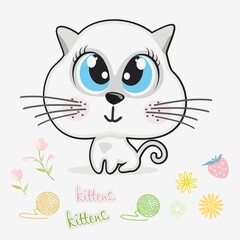 Beautiful vector cat. A small kitten with big blue eyes on a white background.