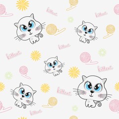 Image of kittens on a seamless background. Vector cat with a ball of string and flowers.