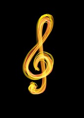 A beautiful hand-drawn musical note in a black background with futuristic glow style