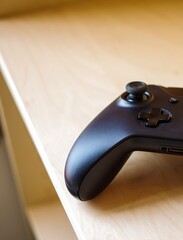 Black wireless game controller on wooden table © Steven