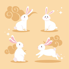 Cute white rabbits cartoons with clouds design, Animal life nature and character theme Vector illustration