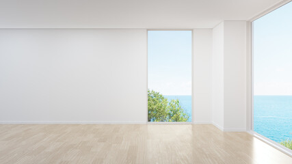 Fototapeta na wymiar Blank wall on empty wooden floor of large living room in modern house or luxury hotel. Minimal home interior 3d rendering with beach and sea view.