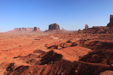 View of the Mittens and Merrick Butte from  John Ford's Point overlook in Monument Valley Navajo Tribal Park, Arizona, USA