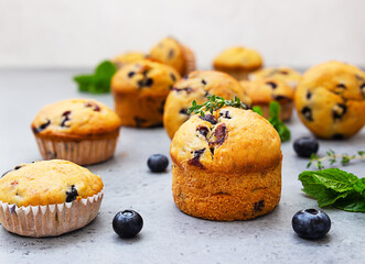 Fresh homemade delicious blueberry muffins decorated with thyme, fresh berries and mint on grey background.