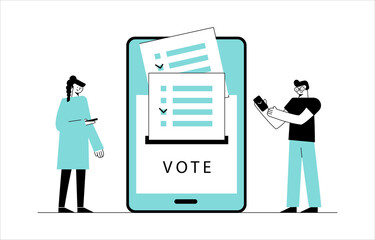 Online voting people with mobile phone concept. Flat vector illustration with tablet screen, voting box and voters. Electronic voting system for election, government rules and public projects