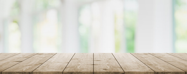Empty wood table top and blur glass window interior restaurant banner mock up abstract background -...