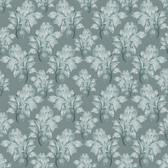 Seamless pattern with plant elements. Silvery leaves on a gray background. It can be used when creating Wallpaper, textiles, or packaging.