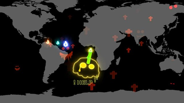 Skull candle tried to run away and cried for help while the hungry spirits ghost flew after it in Halloween night theme park world map background