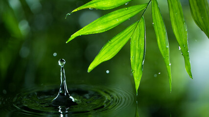 fresh green leaves with water drops over the water , relaxation with water ripple drops concept