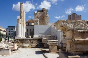 Day view of Hadrian library ruins site in Athens, Greece