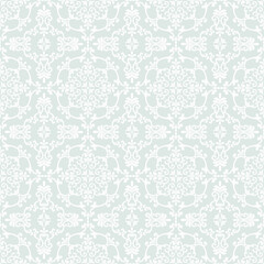 Seamless grey background with white pattern in baroque style. Vector retro illustration. Islam, Arabic, Indian, ottoman motifs. Perfect for printing on fabric or paper.