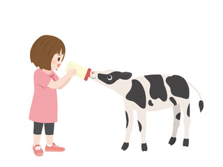子牛にミルクをやる女の子のイラスト © SENRYU