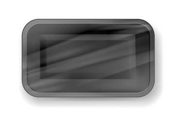 Packaging black foam tray wrapped in plastic realistic, template design on gray background, Eps 10 vector illustration