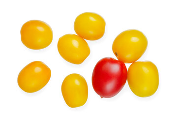 Red and yellow cherry tomatoes isolated on white background. Flat lay, top view. Set of yellow and red tomatoes on a white background, top view.