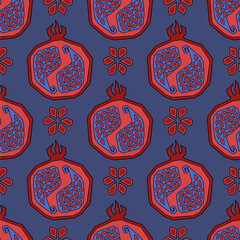 The decorative seamless ornament with a pomegranate and seeds … Ethnic style.Print in a red and a blue colors.