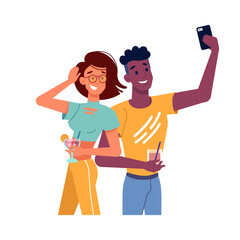 Guy and girl with cocktails taking selfie photo on mobile phone, vector flat isolated characters. Happy girl or young woman with man at birthday or club party, taking selfie on smartphone