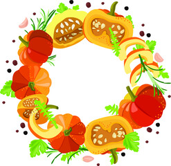 A wreath of bright orange pumpkins, herbs and spices on a white background. Realistic vector drawing. Label, sticker, price tag for an autumn holiday, sale, or menu design.