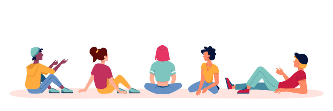 People sitting and talking icons, discuss or conversation with backs or view from behind, vector flat isolated. Group of people men and women, sit or lie on ground looking or watching and talking