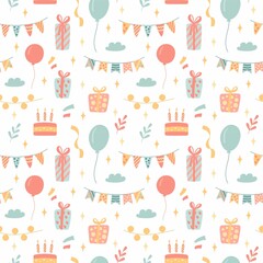 Seamless vector pattern with children's holiday elements in a bright color scheme of yellow, blue and pink shades: cakes, balloons, gifts and flags, garlands. For gift wrapping, postcards, and banners