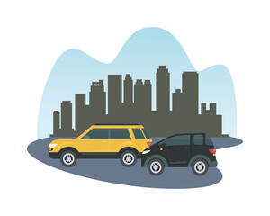 black and yellow cars in front of city buildings vector design