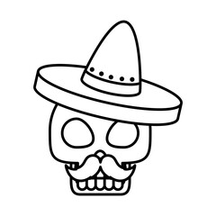 mexican skull with mustache and hat, line style