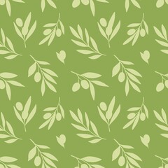 Vector seamless pattern of olive branch silhouettes on a dark green background for Wallpaper or textiles