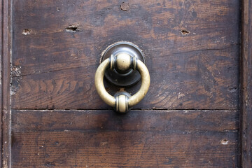 Metal knobs with decorative elements on a wooden door