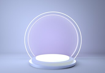 3d pedestal, cylinder platform, shiny metallic podium with round neon frame. Blank product showcase stand. Performance stage.