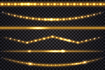 LED light garlands with gold neon glow effect and glitter light  Set of lines, golden illuminated strips and waves,  isolated tapes on transparent background. Vector illustration