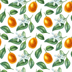 Fototapeta na wymiar Watercolor seamless pattern with kumquat, citrus flowers and leaves on the light background. Bright cartoon hand-painted illustration.