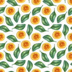 Watercolor seamless pattern with kumquat and leaf on the light background. Bright cartoon hand-painted illustration.