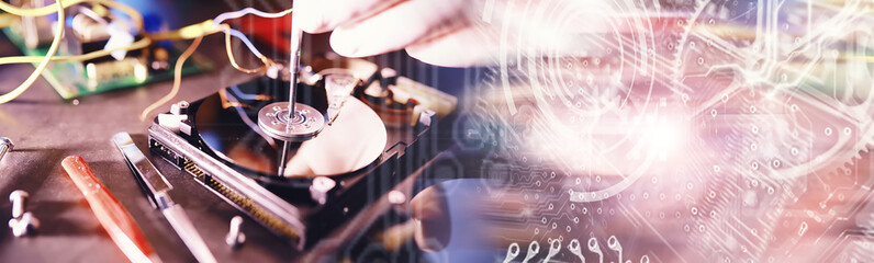 Computer equipment. Repair of PC components. Hard drive for restoration in the workshop. Winchester...