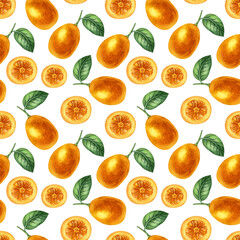 Watercolor seamless pattern with kumquat and leaf on the light background. Bright cartoon hand-painted illustration.