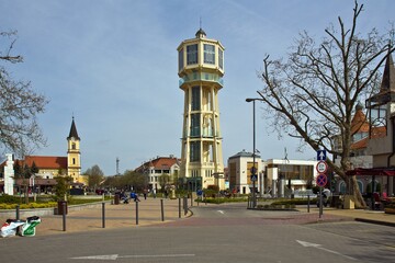 SIOFOK, HUNGARY - APRIL 14, 2015: Old wooden water tower in Siofok town, one of the main resorts of the lake Balaton which is very popular among tourists.