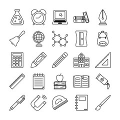 chemical flask and school icon set, line style