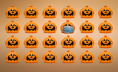 Halloween pumpkin with face mask standing out from the crowd without mask. Suitable for Covid 19 concepts as protect yourself and the others, Avoid close contact, Cover your mouth and nose with a mask