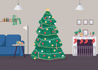 Fototapeta premium Christmas at home flat color vector illustration. New Year celebration at household. Traditional family holiday. Christmas tree 2D cartoon object with house festive decoration on background