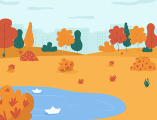 Fototapeta na wymiar Autumn park semi flat vector illustration. City garden with rain puddles for children to play. Town center with trees and leaf piles. Fall seasonal 2D cartoon landscape for commercial use