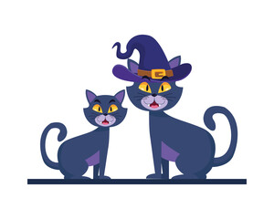 Halloween cats cartoons with hat vector design