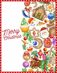 Christmas illustration. Christmas card. Christmas banners and greeting cards. Christmas toys, gingerbread, Christmas tree, snowman, Santa Claus.