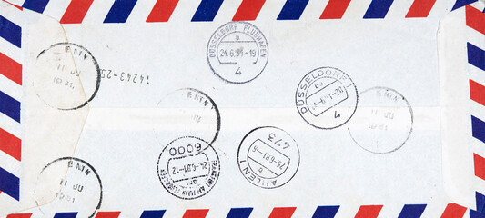 vintage retro alt old briefmarke stamp gestempelt used frankiert luftpost airmail rückseite back side flughafen airport Düsseldorf Ahlen Nummer numbers - obrazy, fototapety, plakaty
