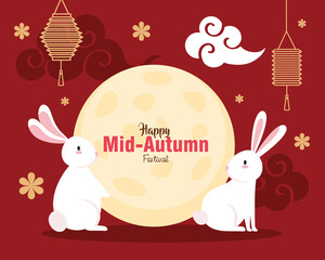 rabbits with moon lanterns and clouds design, Happy mid autumn harvest festival oriental chinese and celebration theme Vector illustration