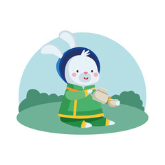 rabbit cartoon with traditional cloth tea pot and cup vector design